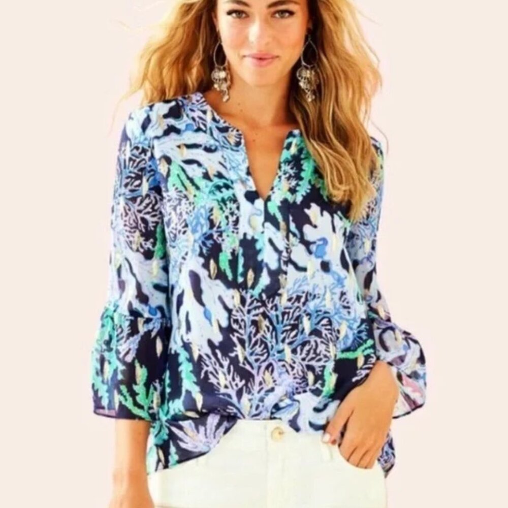 Lilly Pulitzer GUC Elenora Silk Top Deep Indigo XL